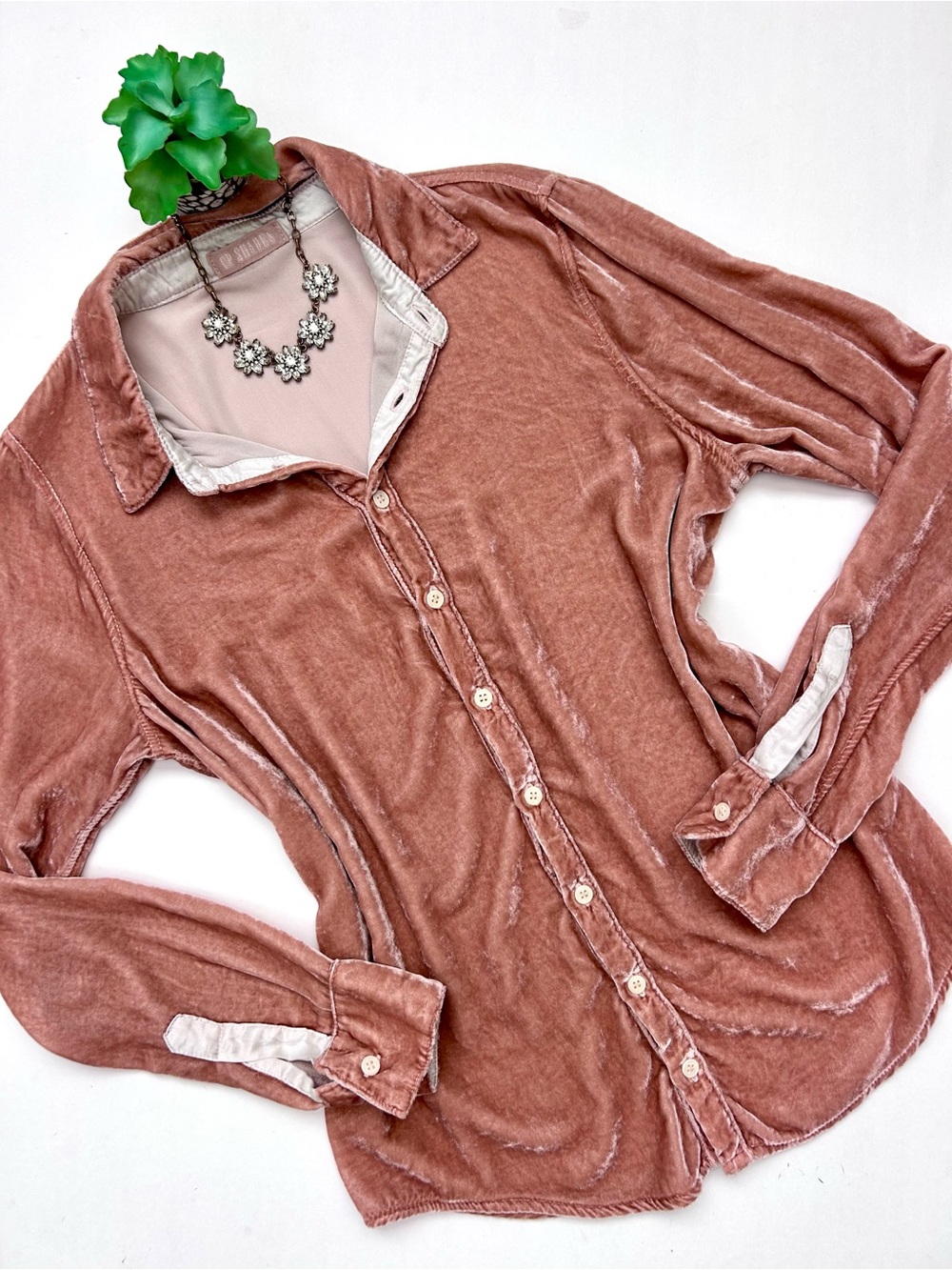 CP Shades Romy Velvet Button Down Button Up Shirt Blush Pink XS